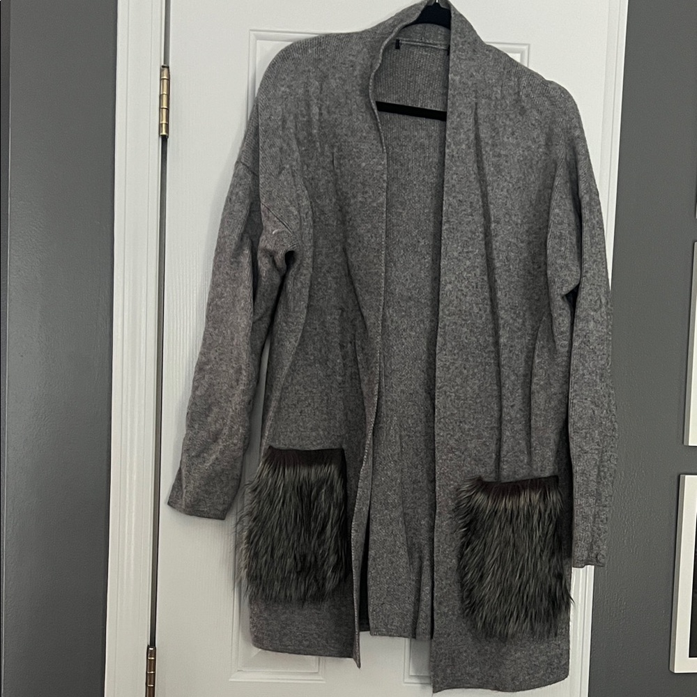 Vici Charcoal Cardigan with Faux Fur Accents